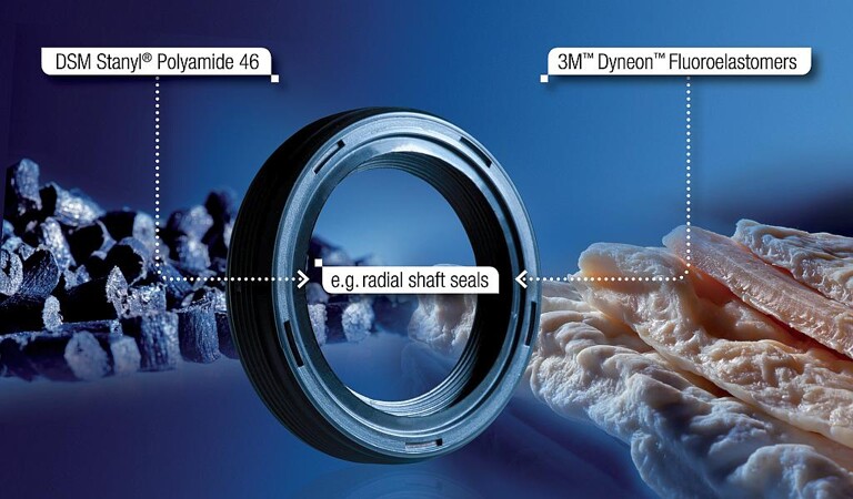 Das neue 2-Komponentenmaterial besteht aus Dyneon Fluoroelastomer und Stanyl PA 46 von DSM. (Foto: 3M)