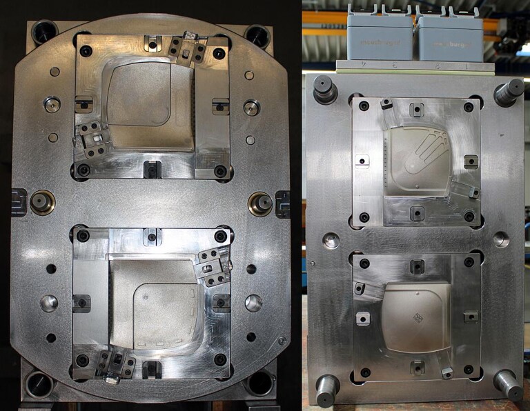 Blick in beide Werkzeughälften zur Herstellung des Eiskratzers. Die Indexplatte wird durch einen Servomotor und ein Zahnrad dynamisch bewegt. (Fotos: Weber)