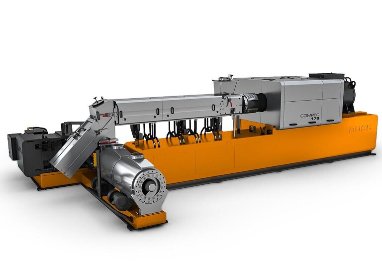 Der zur Aufbereitung von Weich-PVC ausgelegte Compeo der Baugröße 176 in Kaskadenanordnung schafft Durchsätze bis 12.500 kg/h. (Foto: Buss)