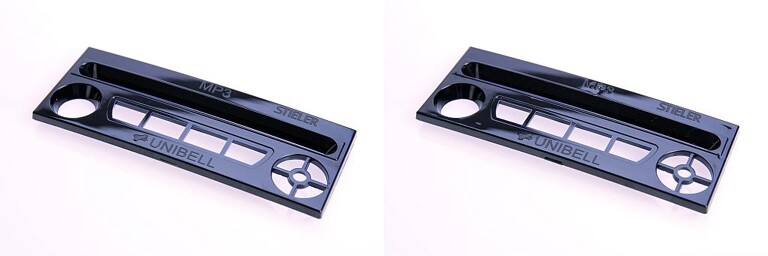 Die Anforderungen an die Oberfläche und Maßhaltigkeit der Radioblende aus Polycarbonat (PC) sind sehr hoch. Die Bauteile sollen nach der Spritzgießfertigung nicht mehr lackiert werden. Daher müssen bei der Fertigung optische Bindenähte, Einfallstellen und Glanzgrade auf der Sichtseite unbedingt vermieden werden. Ohne den zusätzlichen Druck im Werkzeug durch den zugeführten Stickstoff liegt die Abformgenauigkeit weit hinter den Anforderungen des Kunden zurück (rechte Abbildung). (Foto: Sumitomo (SHI) Demag)