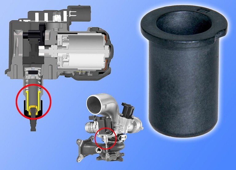 Spritzgegossene Buchsen aus dem Polyimid Vespel TP sorgen für die verschleißarme und reibungsminimierte Führung der Schubstangen in elektrischen Wastegate-Stellern. (Foto: DuPont)