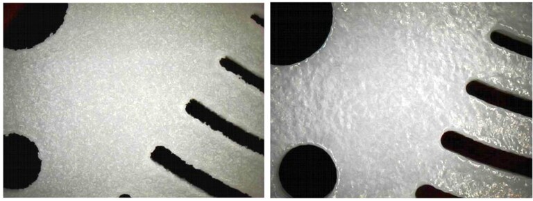 TPU-Oberfläche in 25-facher Vergrößerung vor (links) und nach (rechts) der Behandlung mit „Smooth“. (Foto: FKM)