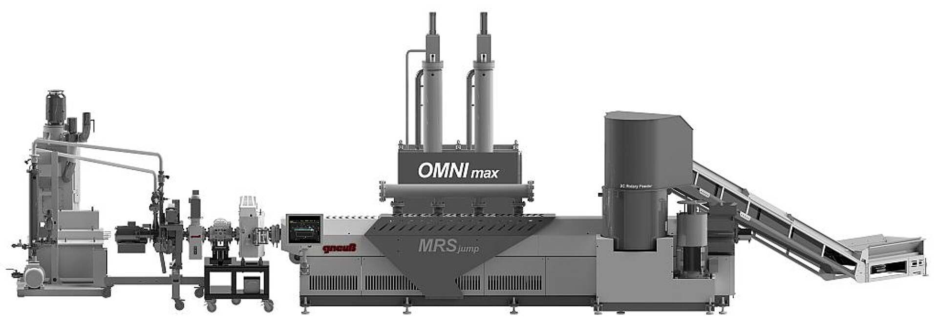 Die Omnimax-Recyclinganlage enthält das MRSjump-Extrusionssystem, ein Rotary-Filtriersystem sowie einen 3C-Rotary-Feeder. (Foto: Gneuß)