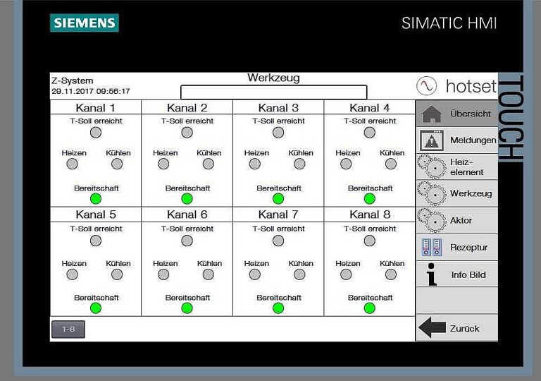 Blick auf die Touchscreen-Oberfläche des Z-Systems für die schnelle und gezielte partielle und zyklische Temperierung von Spritzgieß-Werkzeugen. (Abb.: Hotset)