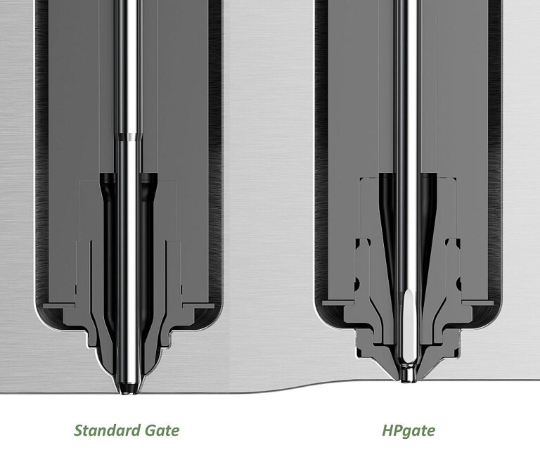 Hauptkennzeichen des neuen HPgate-Konzepts (rechts) ist ein in das Werkzeug eingeschraubter Einsatz aus gehärtetem Metall, in den ein konisch-zylindrischer Anschnitt eingearbeitet ist. (Abb.: HRSflow)