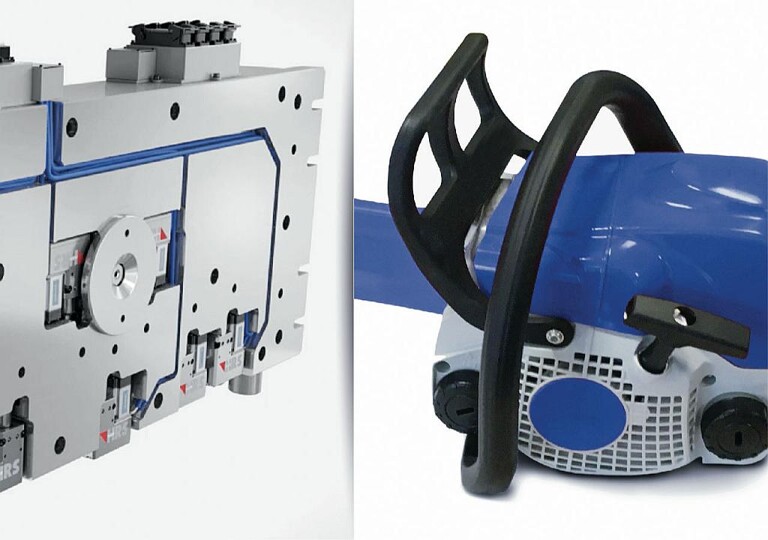 Die Flexflow-Heißkanaltechnologie ist eine gute Lösung für das GID-Spritzgießen des innen hohlen Griffbügels für eine Kettensäge. (Foto: HRSflow)