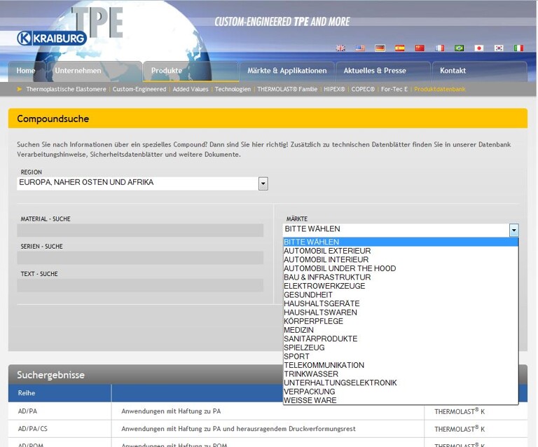 Über den Zielmarkt sowie weitere Kategorien gelangt man zum jeweils passenden Material. (Abb.: Kraiburg TPE)