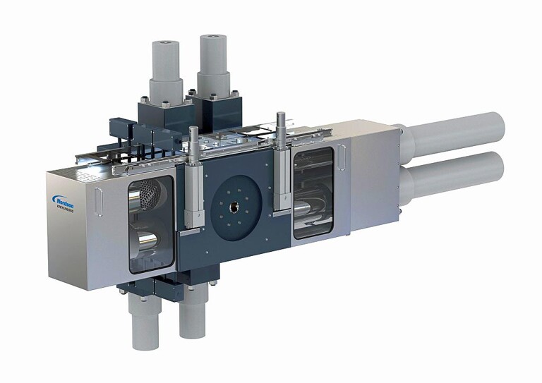 Der V-Typ-Siebwechsler führt Rückspülen und Siebwechseln bei laufender Extrusion ohne Durchsatz- und Druckschwankungen aus. (Foto: Nordson Kreyenborg)