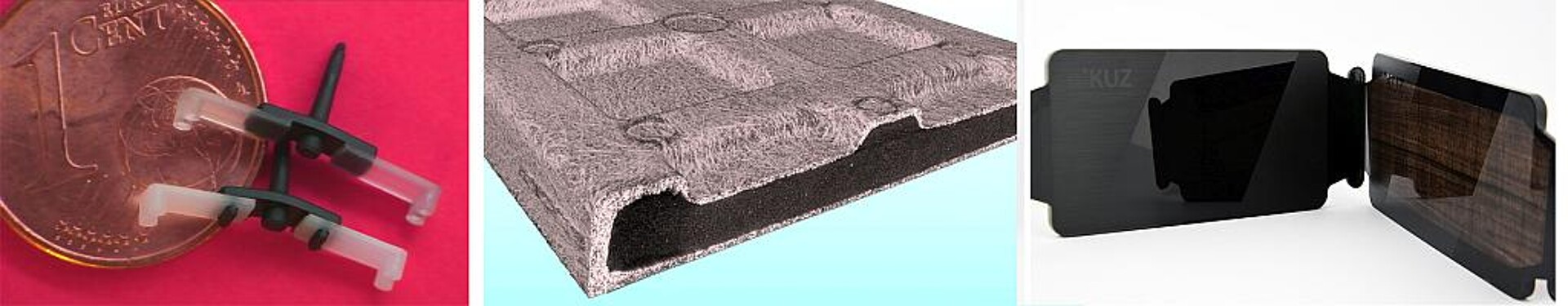 Die Messe-Schwerpunkte des KUZ (v.l.n.r.): 2K-Mikroformteile Thermoplast/Silikon, ultraleichter Thermoplast-Schaumspritzguss, veredelte Oberflächen. (Foto: KUZ)
