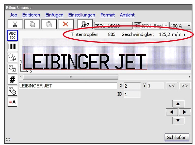 Die Software Jetedit3 zeigt ab sofort den Tintentropfen-Verbrauch und die maximal mögliche Produktionsgeschwindigkeit an. (Abb.: Paul Leibinger)