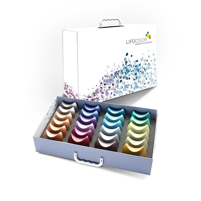 Show-Box mit 24 halbmond-förmigen, farbigen Mustern. (Foto: Lifocolor)