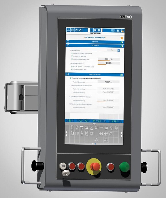 Alle LWB-Spritzgießmaschinen können ab der K 2016 mit der neuen bedien- und programmierbaren FlexEvo-Bedieneinheit bestellt werden. (Foto: LWB-Steinl)