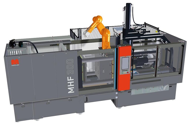 Die hydraulische Horizontalmaschine MHF 700D/300 in Kombination mit Stopfvorrichtung zur Verarbeitung von HTV-Silikon und automatischer Formteilentnahme mit anschließender Förderbandablage. (Abb.: Maplan)