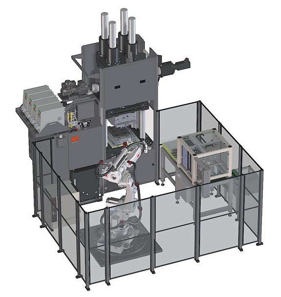Produktionszelle auf Basis einer hydraulischen Vertikalmaschine aus der neuen Ergo-Baureihe mit automatisierter Formteilentnahme und Weiterbearbeitungseinrichtungen. (Abb.: Maplan)