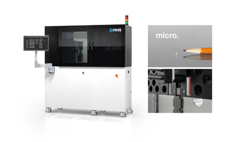 M3 Mikrospritzgießmaschine zum Spritzgießen von Mikroteilen ohne Kaltkanal. Detailansicht: Vertikale Entnahmeeinheit mit integriertem Vision-System. (Foto: MHS)