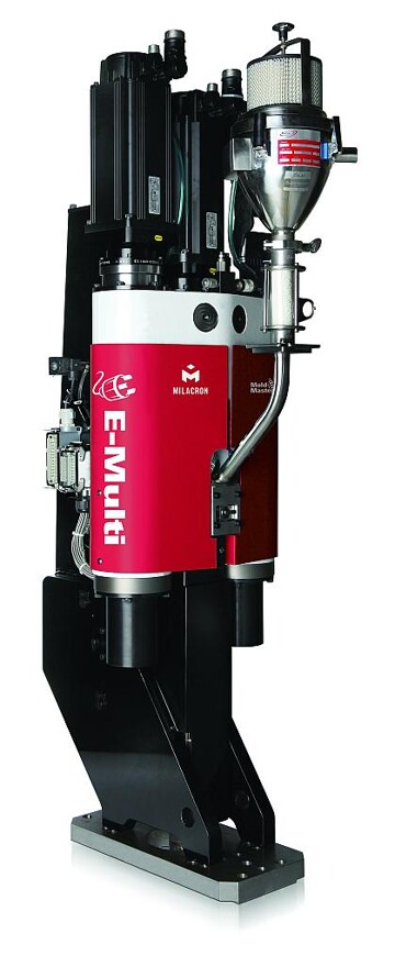 Die mit jeder Spritzgießmaschine kompatible vollelektrische Zusatzeinspritzeinheit E-Multi steht nun mit LSR-Fähigkeiten zur Verfügung. (Foto: Milacron)