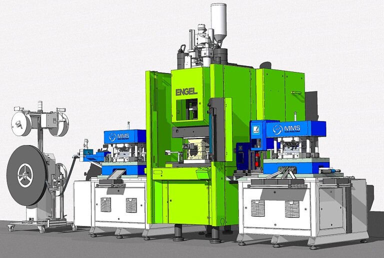 Ein Linear-System für größere Spritzgewichte und Formteile in Form einer Kombination aus einer Standard-Spritzgießmaschine und MMS-Metallband-Bearbeitungstechnik wird auf der Fakuma live demonstriert. (Abb.: MMS)
