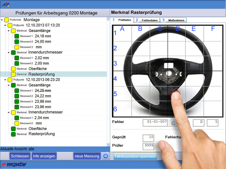 Bei der sogenannten Rasterprüfung kann der Werker auf einem Touchscreen-Terminal mit dem Finger auf dem Foto des Prüflings direkt auf die fehlerhafte Stelle zeigen, woraufhin das System die gewählten Koordinaten abspeichert. (Foto: MPDV)