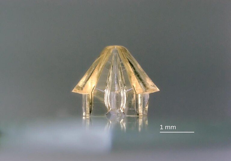 Als gasdynamische Düse sorgt dieses 3D-gedruckte Formteil mit einer Öffnung von nur 130 µm für einen besonders feinen Strahl zur kontrollierten Probenbearbeitung mit einer Flüssigkeit. (Foto: Nanoscribe)