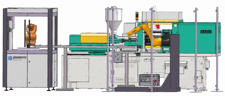 Plasmatreat Gesamtanlage: Haftungsstark und mediendicht: Plasmatreat und Akro-Plastic präsentieren gemeinsam mit den Messepartnern Kuka, Arburg und Krallmann auf der K den Plasma-Hybrid-Spritzgießprozess (Abb.: Plasmatreat)