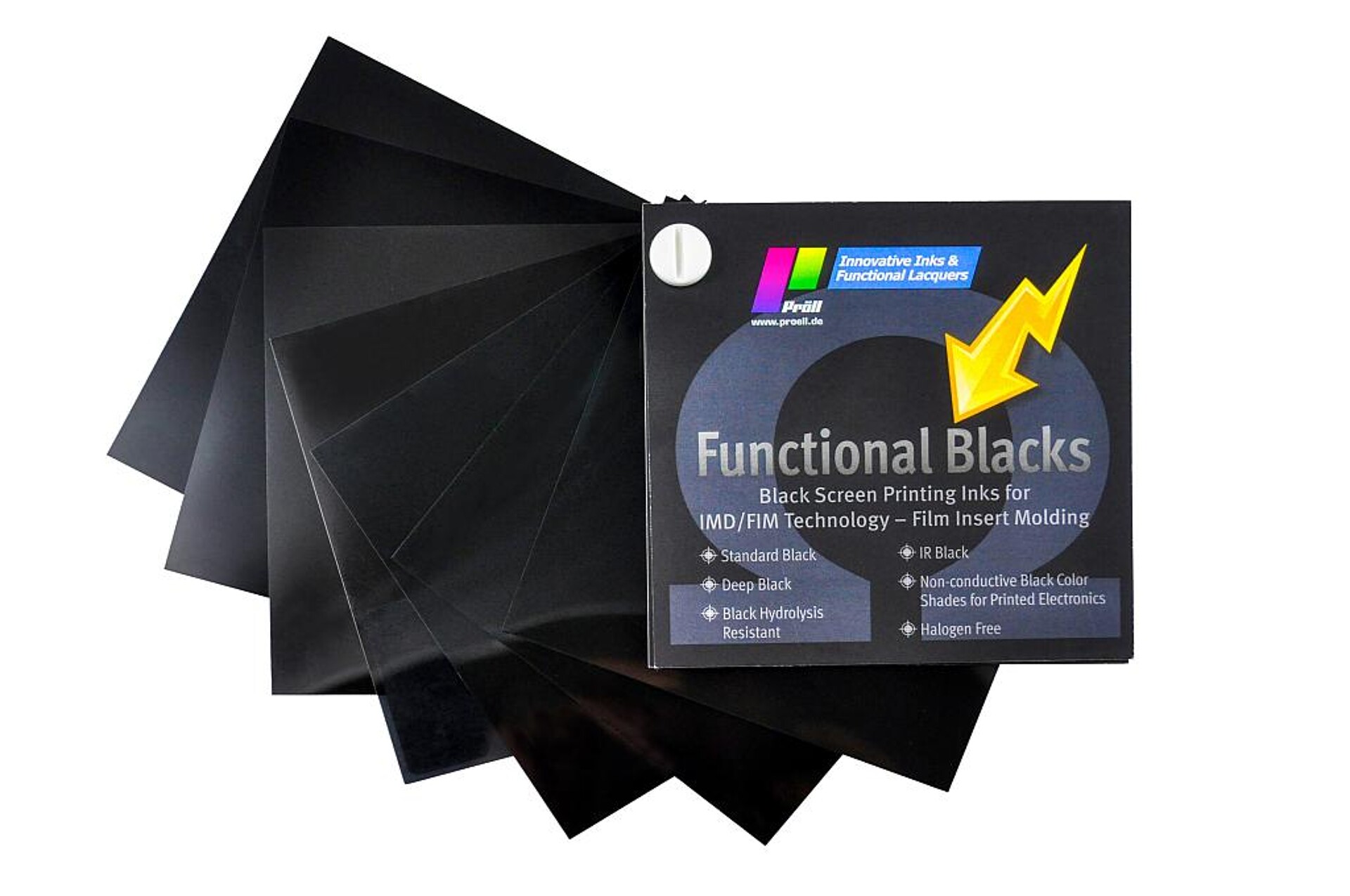 Farbfächer Functional Blacks - nicht-leitende Schwarzfarbtöne für die Folienhinterspritztechnik. (Foto: Pröll)