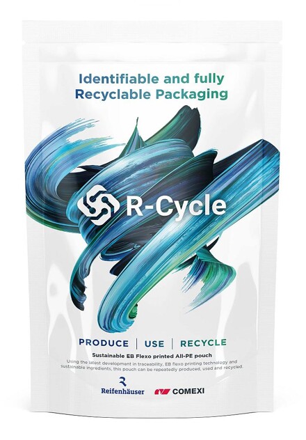 Über ein im Druckbild verstecktes digitales Wasserzeichen auf dem All-PE-Pouch können Abfallsortieranlagen recycling-relevante Informationen aus dem digitalen Produktpass von R-Cycle abrufen. (Foto: Foto: R-Cycle)