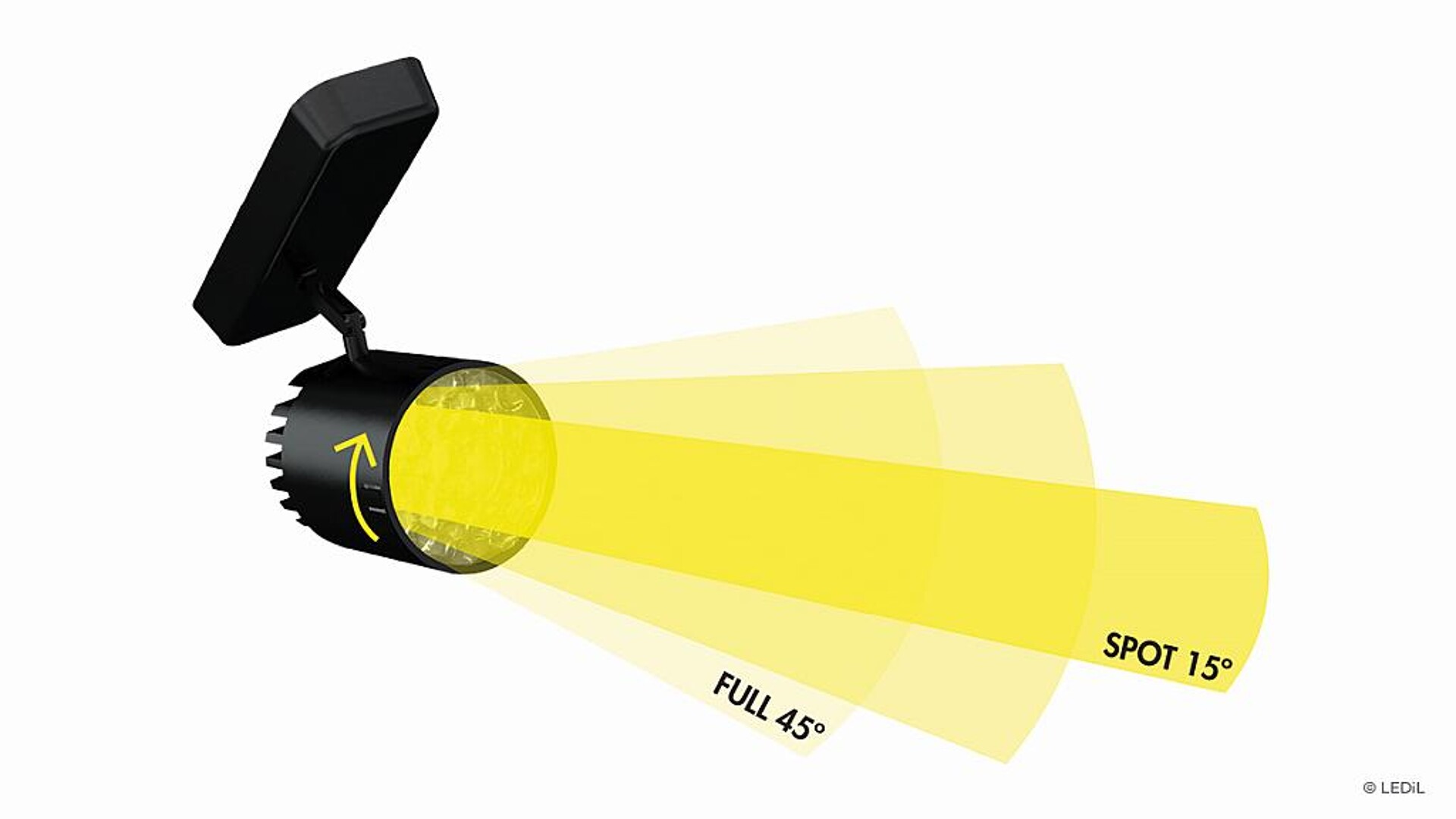 Durch eine Drehbewegung der Zoomlinse lässt sich der Abstrahlwinkel zwischen 15 und 45 Grad stufenlos anpassen. (Abb.: LEDiL)