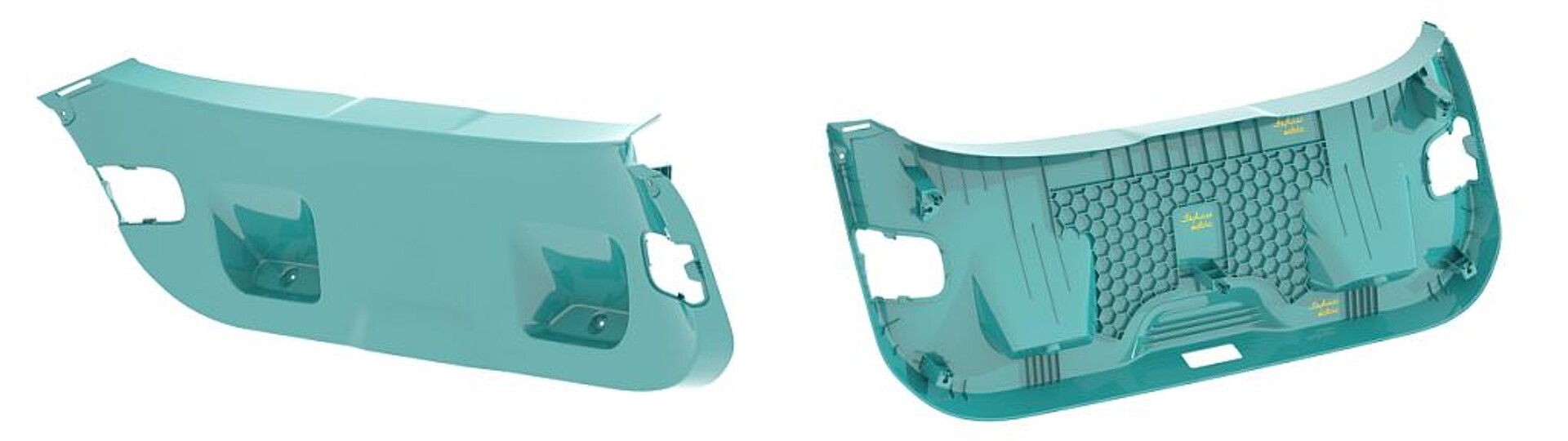 Sichtoberfläche (l.) und Innenkonstruktion (r.) einer schaumspritzgegossenen inneren Heckverkleidung aus PPc F9005. (Abb.: Sabic)