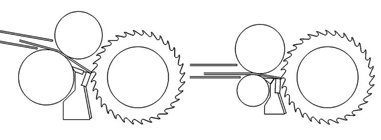 Bei der neu konzipierte Schneidgeometrie legen die Kunststoffstränge eine kürzere ungeführte Strecke zwischen Abzugswalzen und Schnittstelle zurück, kommen damit gerader an können und in einem nahezu rechten Winkel zur Längsachse geschnitten werden. (Abb.: Reduction Engineering)