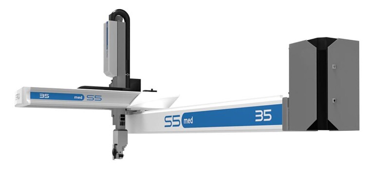Die gekapselten Roboter der MED-Serie, wie dieser S5-35, sind für den Einsatz in Reinräumen und anderen sensiblen Umgebungen in medizinischen und pharmazeutischen Spritzgießbetrieben geeignet. (Foto: Sepro)