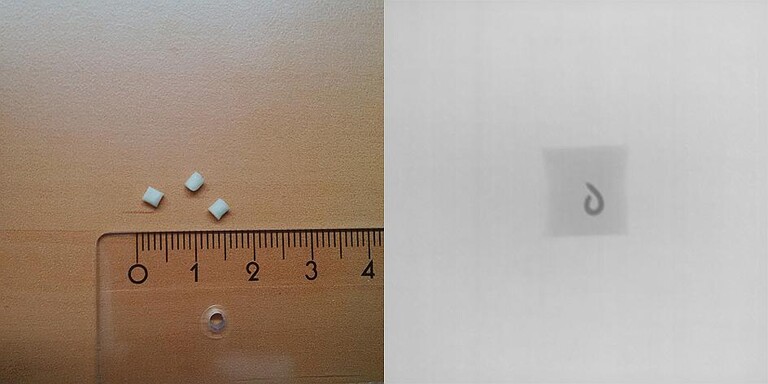 Erst beim Röntgen der Kunststoffgranulatkörner (Granulatkorndurchmesser ca. 2,2 mm. Granulatkornlänge ca. 3 mm) wurden die winzigen Kupferdrahtverunreinigungen entdeckt. (Foto: Sesotec)