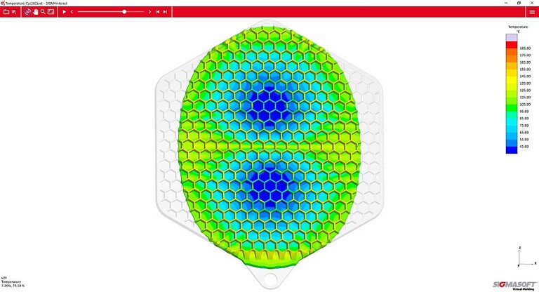 SigmaInteract zeigt die Temperaturverteilung im Bauteil während des Einspritzvorgangs auf einem interaktiven 3D Modell, hier bei 74% gefüllt. (Foto: Sigma)