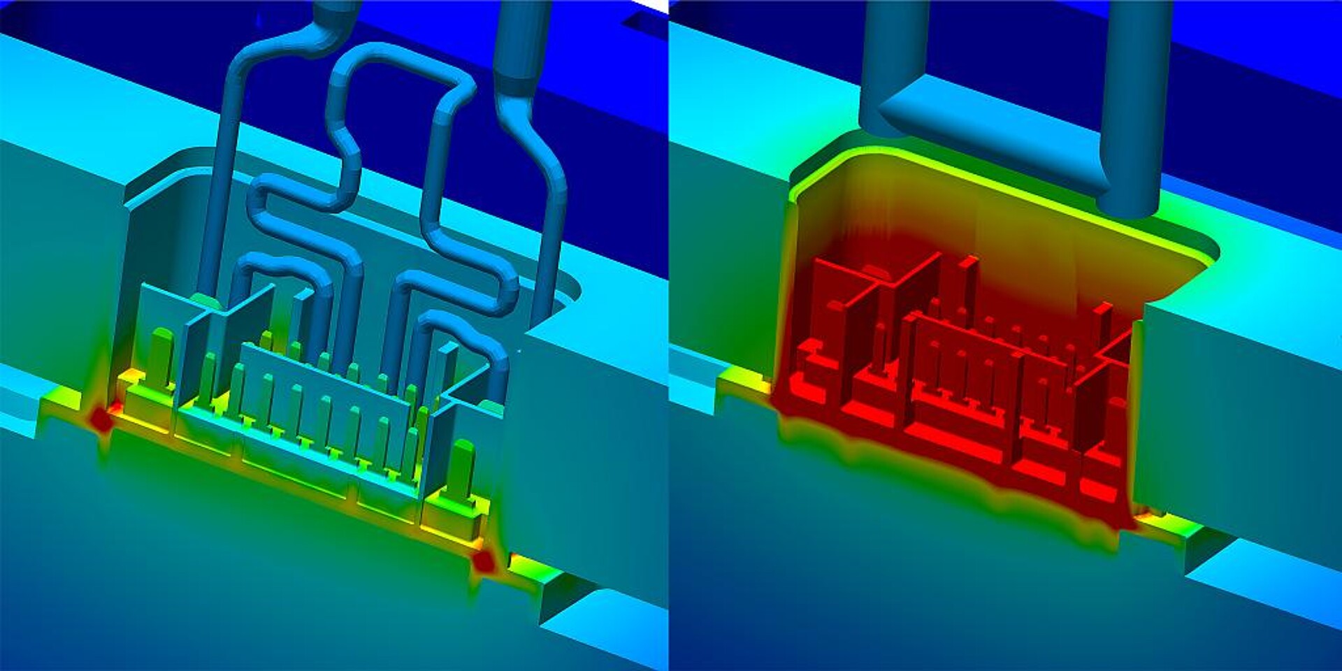 Temperaturverteilung kurz vor der Entformung: links die konturnahe Kühlung aus dem 3D Drucker (nur zur Hälfte sichtbar), rechts die konventionelle Kühlung. (Abb.: Sigma Engineering)