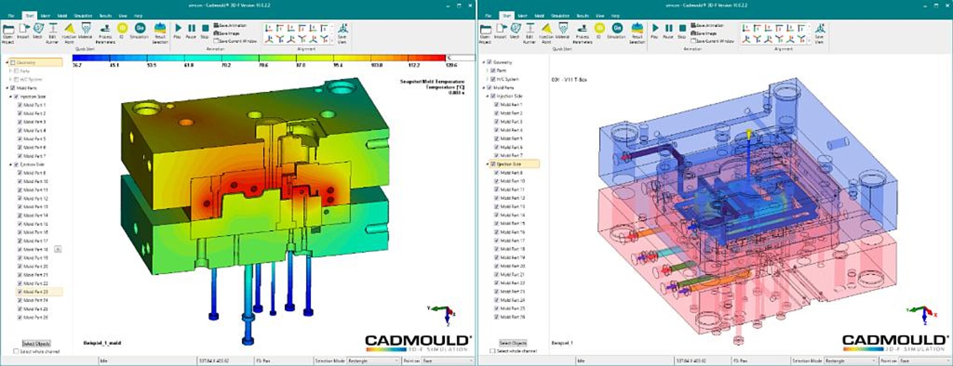 Mit der verbesserten T-Box erstellt die neue Cadmould-Version eine hochpräzise 3D-Simulation der Temperaturverläufe. (Abb.: Simcon)