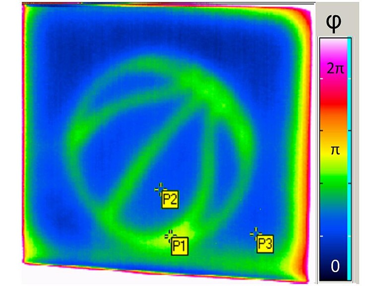 Optisch angeregte Lock-In-Thermografie-Aufnahme von zwei geklebten Polyamid-Platten (jeweils d = 2,0 mm) mit einem definierten 0,5 mm dicken Lufteinschluss (in Form eines Basketballs). (Abb.: SKZ)