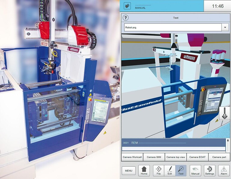 Links eine reale Arbeitszelle, rechts die entsprechende Darstellung als digitaler Zwilling auf der R9 Robotsteuerung. (Fotos: Wittmann)