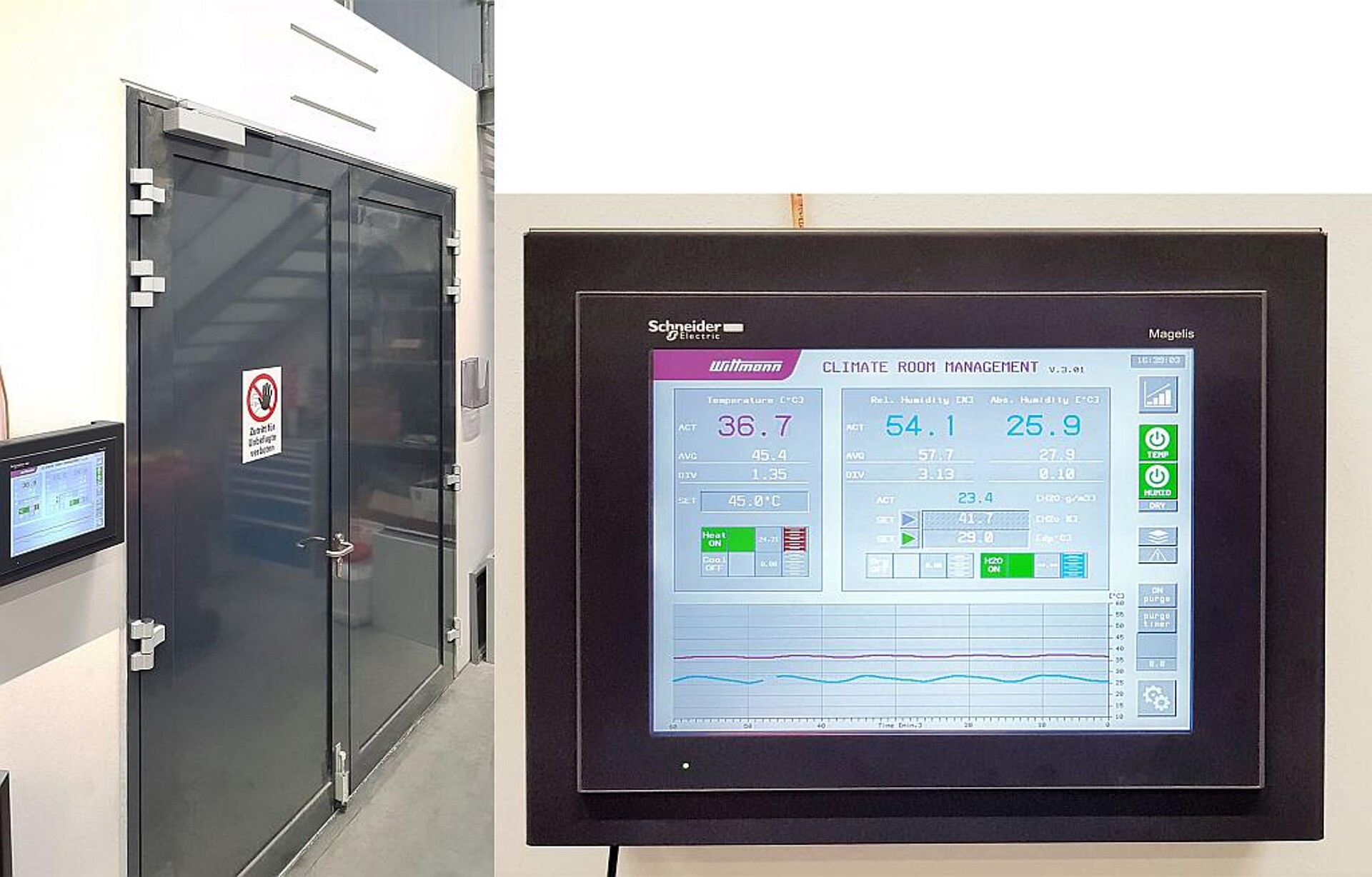 Von außen hermetisch abgeriegelt, können die aktuell in der Kammer herrschenden klimatischen Verhältnisse an einem Touch-Terminal abgerufen werden. (Fotos: Wittmann)