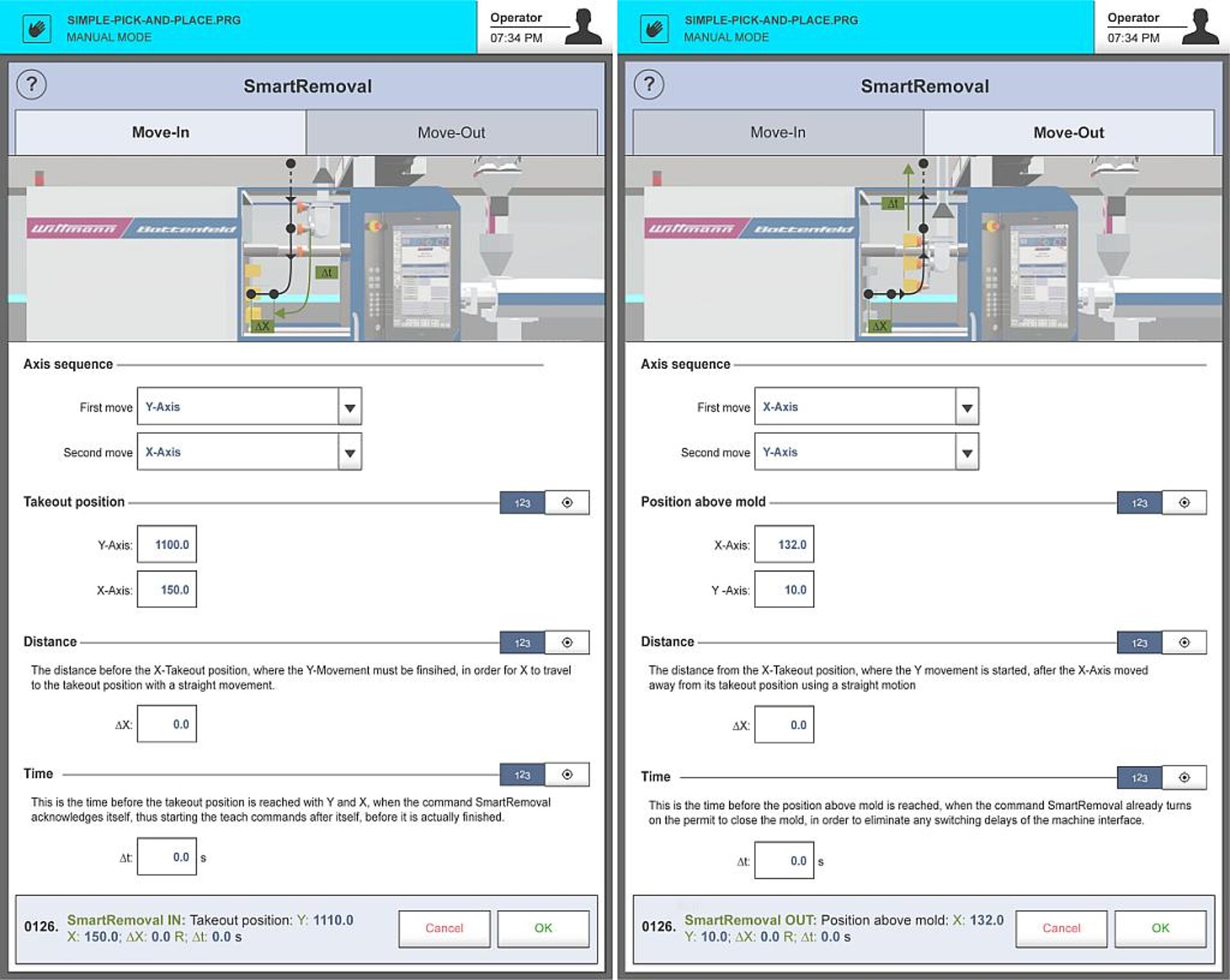 Eingabefenster für SmartRemoval Move In (links) und SmartRemoval Move Out (rechts) auf der Steuerung R9. (Abb.: Wittmann)