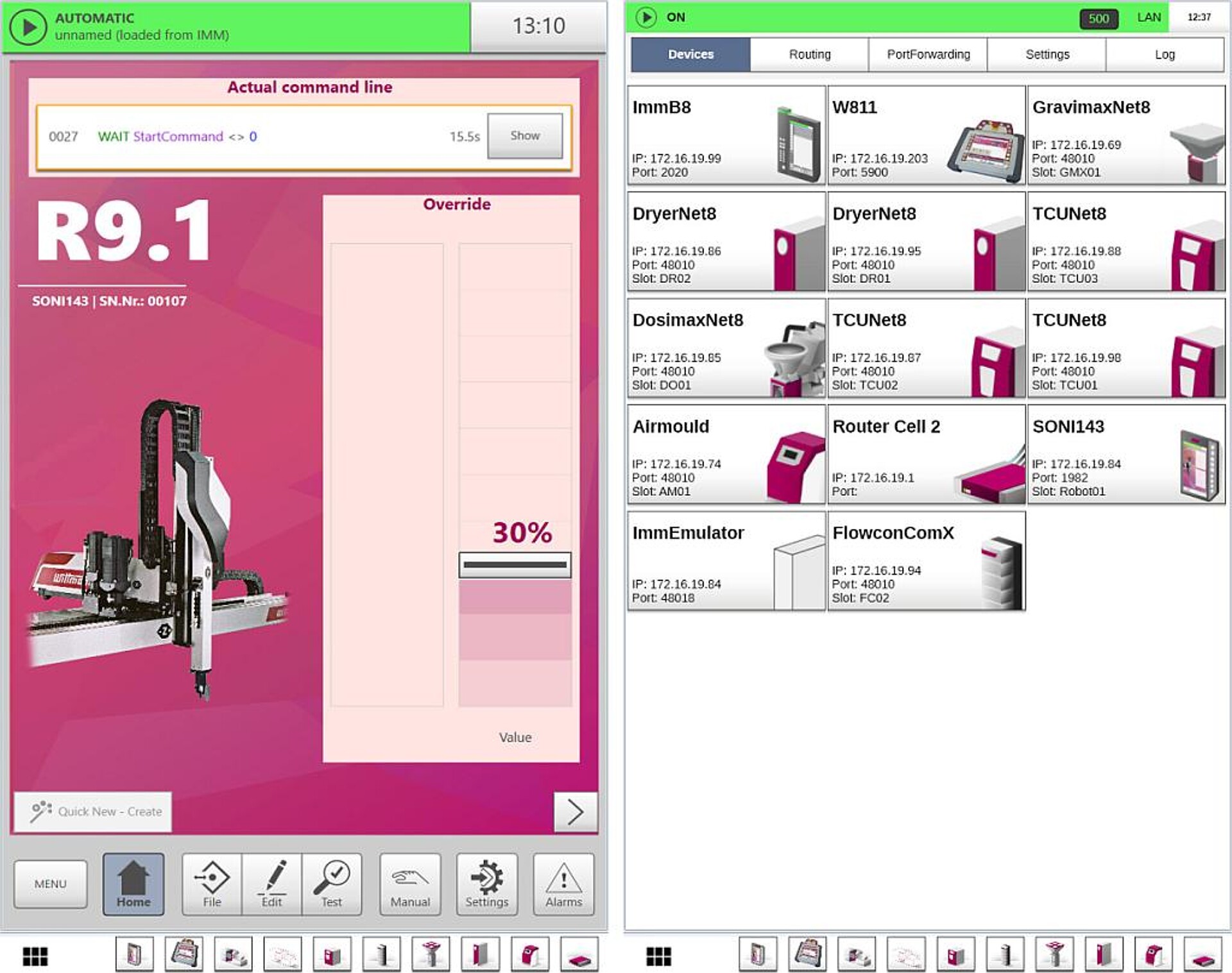  Zwei Bildschirmansichten der WCR TeachBox (von links nach rechts): Roboter im Automatikmodus, Bildschirmoberfläche des Wittmann 4.0 Routers. Am unteren Bildschirmrand ist jeweils die Taskbar angezeigt. (Abb.: Wittmann)
