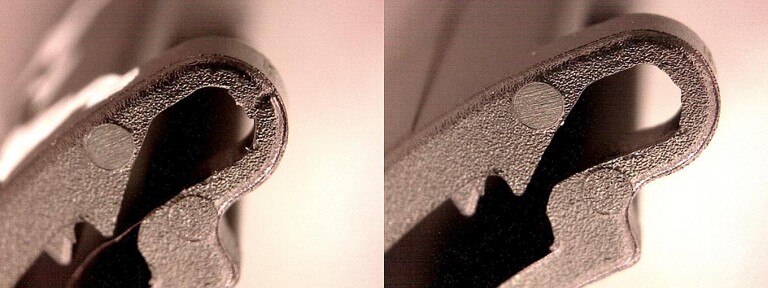 Produkt vor (links) und nach (rechts) der Reinigung des Werkzeuges. (Foto: Cold Jet)