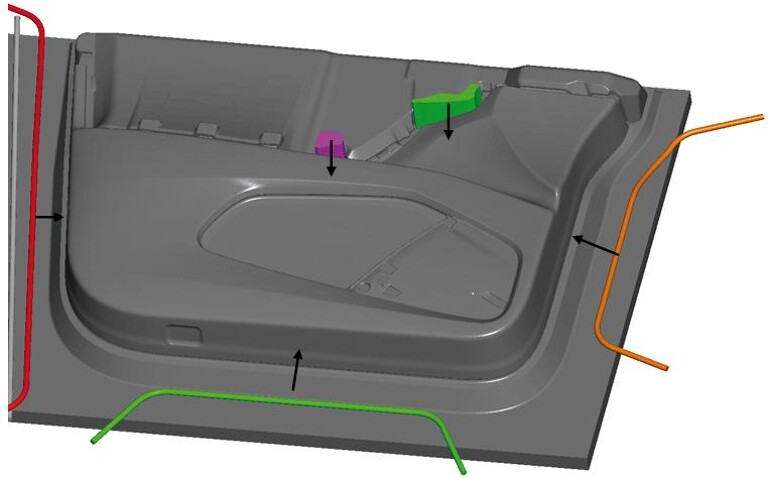CAD-Modell einer Innenverkleidung – Tesla Model X – Vordertür mit Formhilfen. (Abb.: Simpatec)