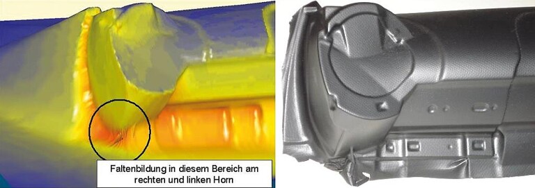 BMW Mini I-Tafel: Faltenbildung in der Simulation (links) und am realen Bauteil (rechts). (Abb.: Simpatec)