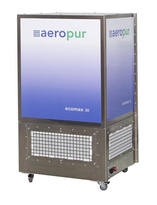 Mobile Umluftgeräte Ecomax 30 von Aeropur filtern mit einer Filterleistung von bis zu 3.500 m³ Luft pro Stunde im Umluftbetrieb Staub, Feinstaub, Keime und Bakterien aus der Umgebungsluft. (Foto: Aeropur)