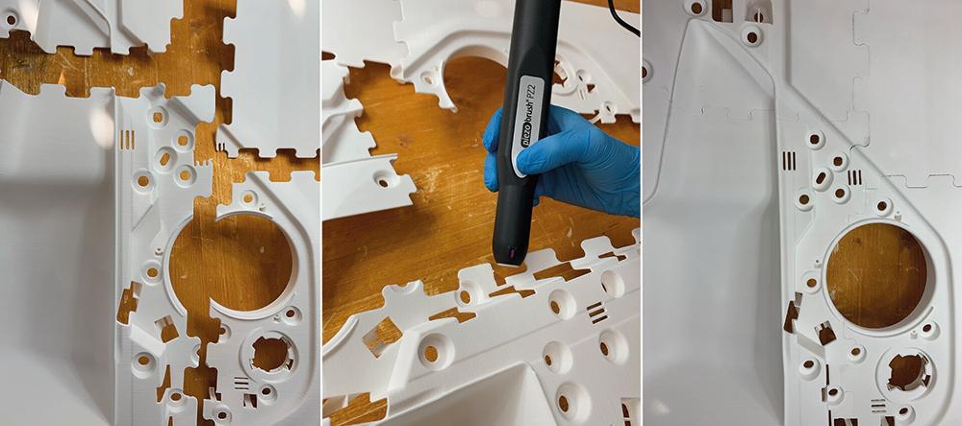 Bauteile der Türinnenverkleidung als Einzelteile, bei der Plasmaaktivierung und verklebt. (Fotos: Creabis GmbH)