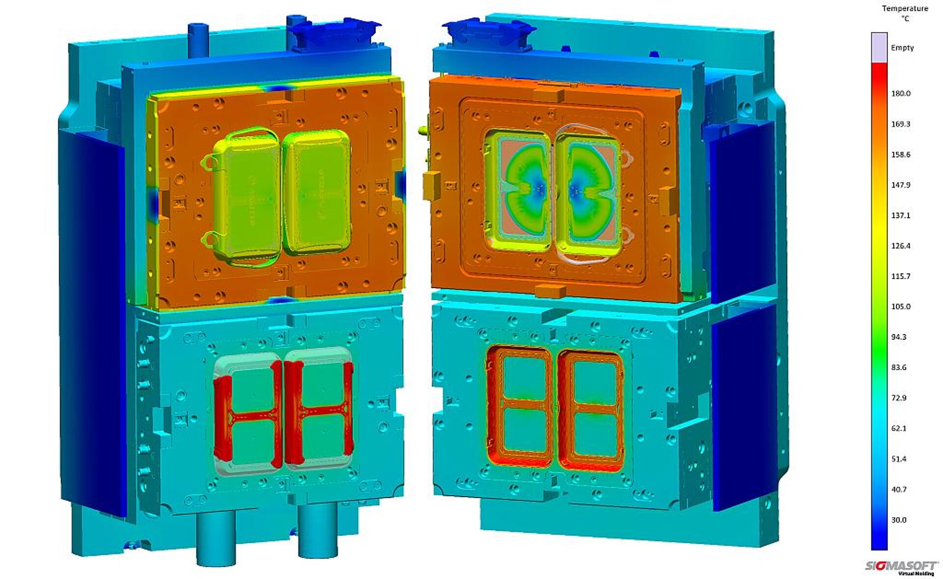 Die Multifunktionsbox im Virtual Molding, links unten Füllung von Thermoplast und rechts oben die LSR-Komponente. (Abb.: Sigmasoft)