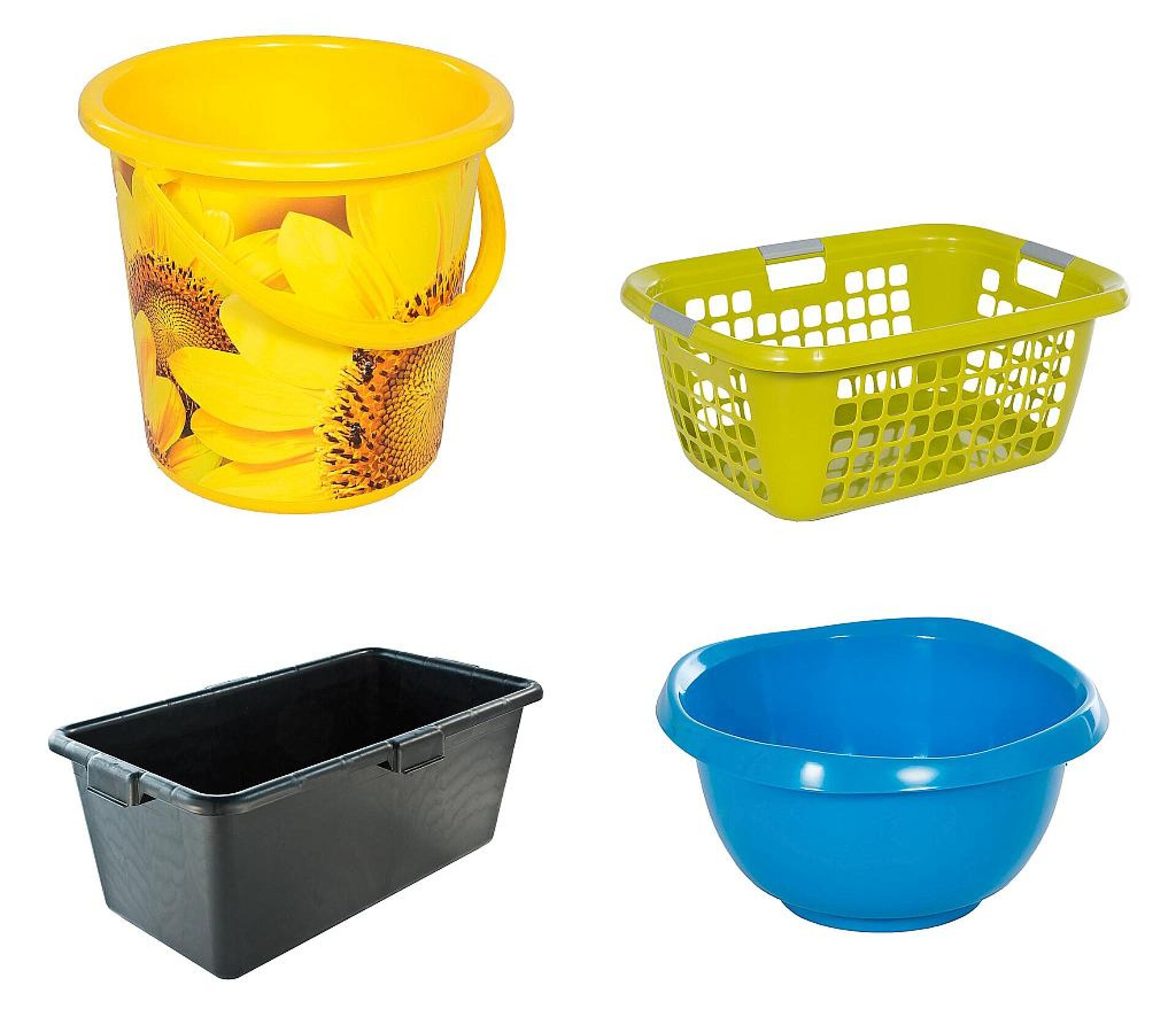 Beispiele aus dem Produktsortiment von Teko-plastic (v.l.o.): Dekoreimer, Mörteltrog, Rundschüssel, Wäschekorb. (Fotos: Teko-plastic)