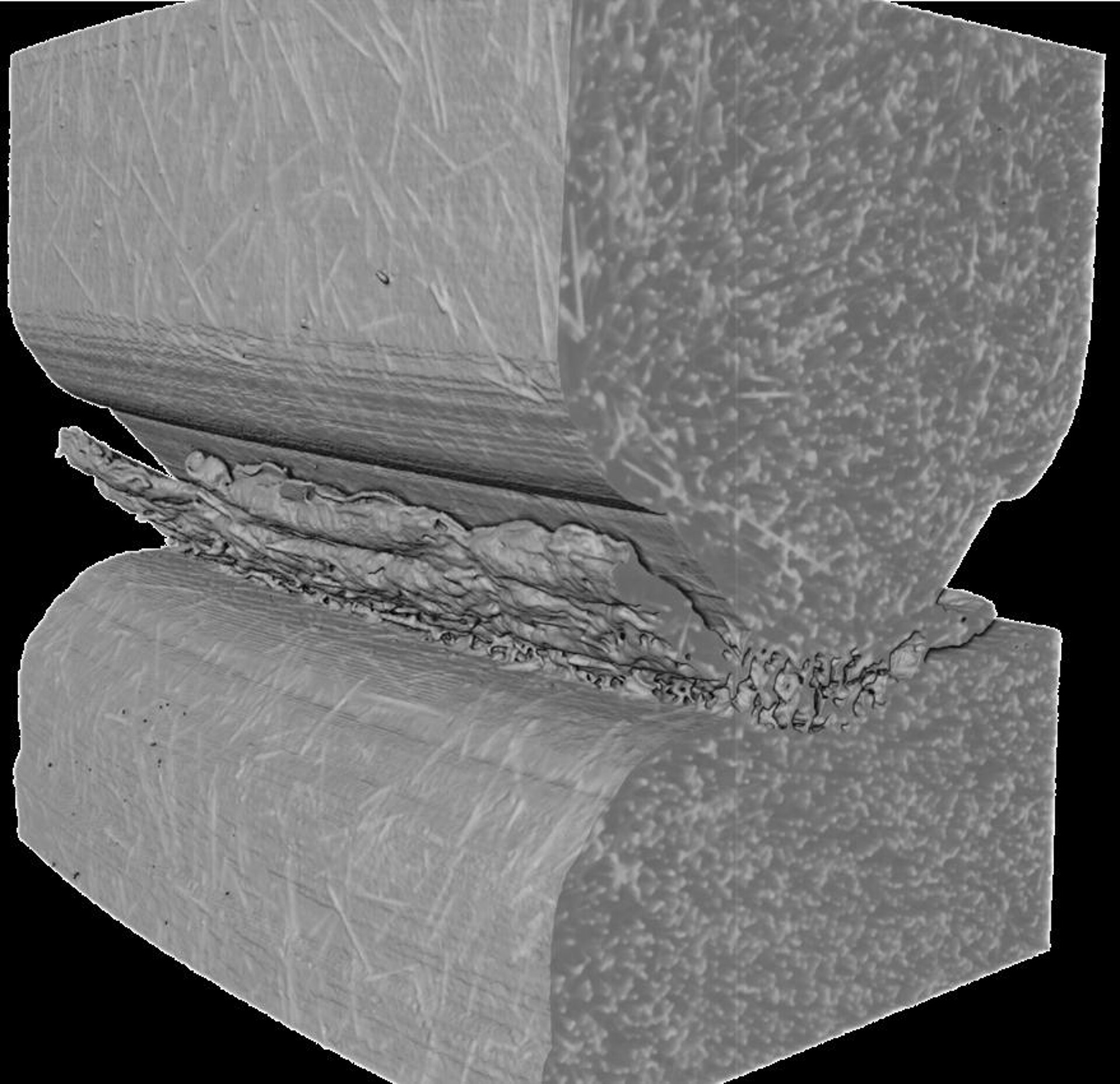 Mittels Röntgen-CT aufgezeichneter Ausschnitt der Schweißnaht von zwei über Ultraschallschweißen vebundenen faserverstärkten Prüfkörpern. (Abb.: IKT)