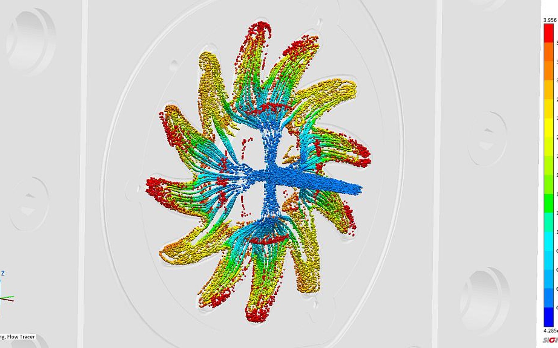 Flowtracer animieren die Füllung des Siebsterns in Sigmasoft. (Abb.: Sigma Engineering)