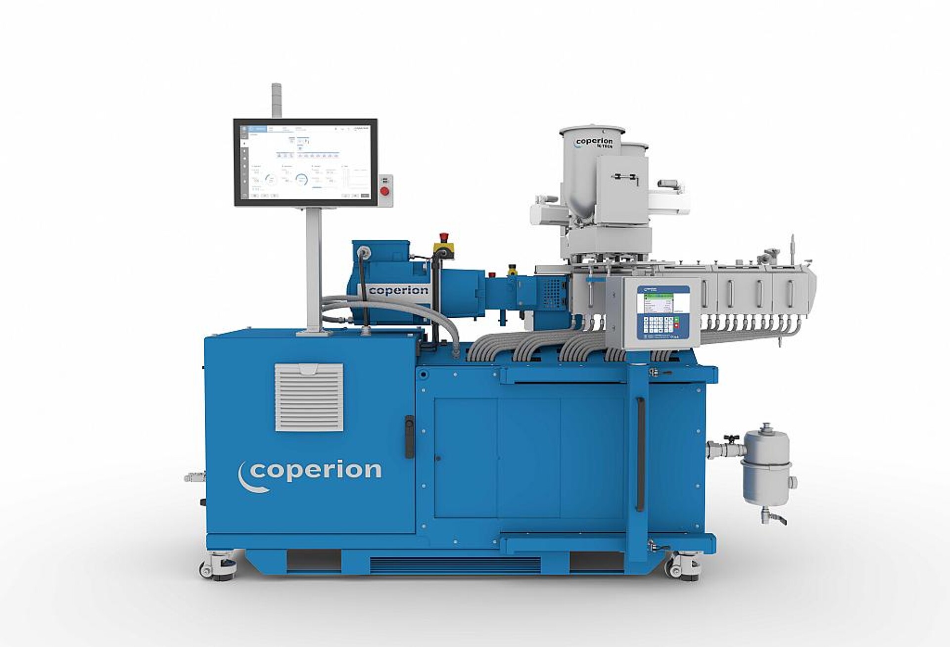 Über das neuen Dosiergestell können bis zu vier Komponenten variabel in den Doppelschneckenextruder eindosiert werden. (Foto: Coperion)