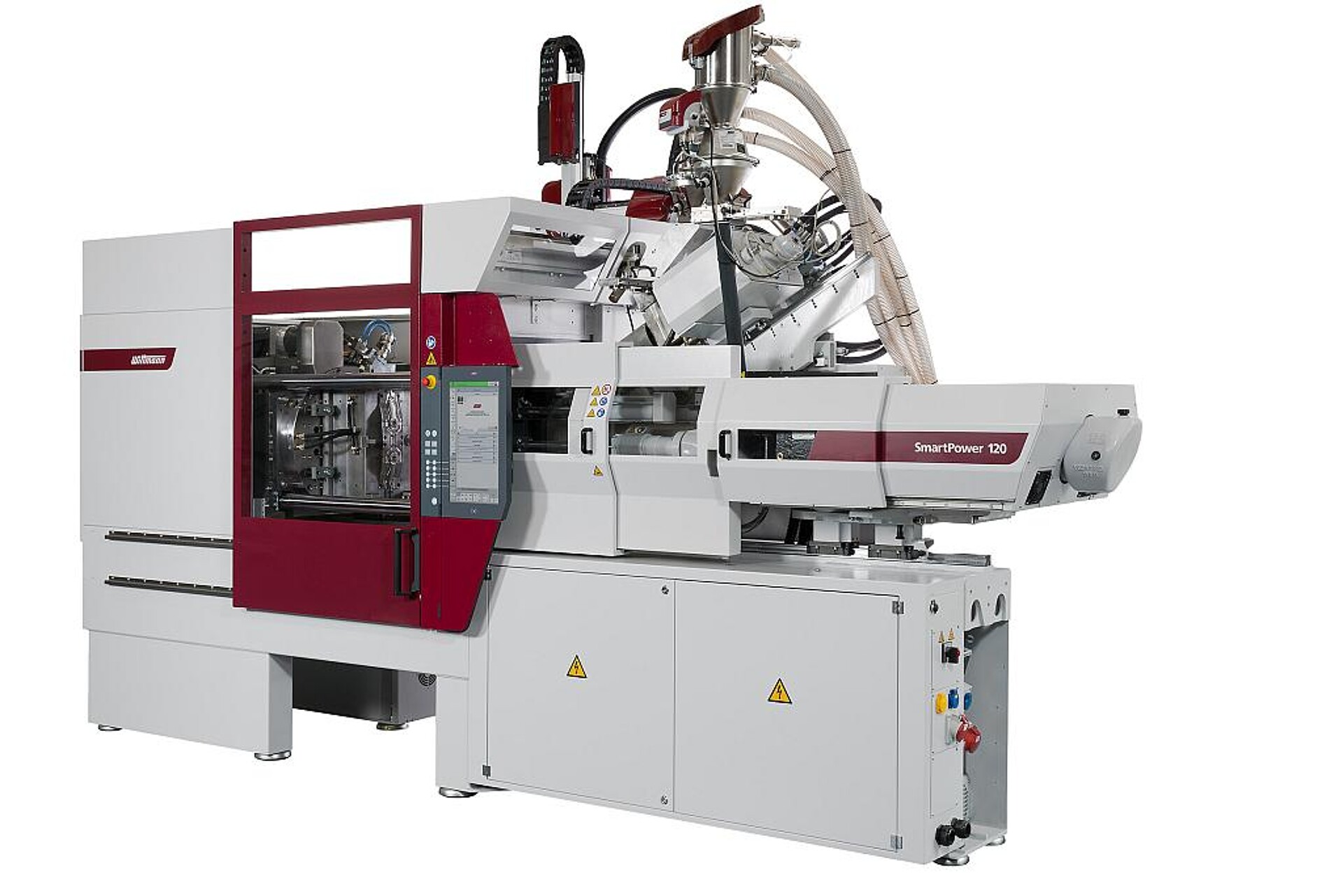 Die 2K-Spritzgießmaschine SmartPower B8X 120/350H/130S mit elektrischem Spritzaggregat wird auf der Messe als kompakte Insiderlösung mit in die Zelle integriertem Wittmann Roboter W918 und Förderband gezeigt. (Foto: Wittmann Battenfeld)